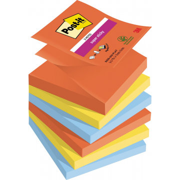 Post-it Super Sticky Z-Notes Playful, 90 vel, ft 76 x 76 mm, geassorteerde kleuren, pak van 6 blokken