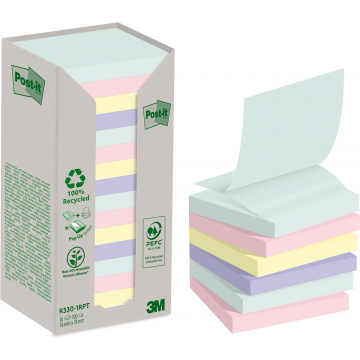 Post-it recycled z-notes, 100 vel, ft 76 x 76 mm, geassorteerde kleuren, pak van 16 blokken