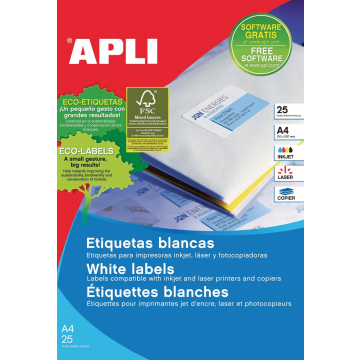 Apli afneembare witte etiketten ft 25,4 x 10 mm (b x h), 4.725 stuks, 189 per blad etui van 25 blad