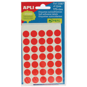 Apli ronde etiketten in etui diameter 13 mm, rood, 175 stuks, 35 per blad (2057)