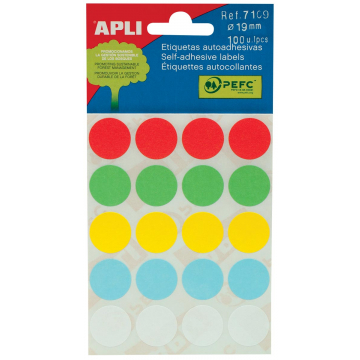 Apli ronde etiketten in etui diameter 19 mm, geassorteerde kleuren, 100 stuks, 20 per blad (7109)