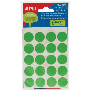 Apli ronde etiketten in etui diameter 19 mm, groen, 100 stuks, 20 per blad (2066)