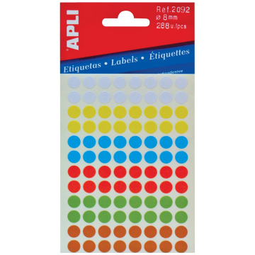 Apli ronde etiketten in etui diameter 8 mm, geassorteerde kleuren, 288 stuks, 96 per blad (2092)