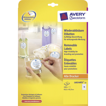 Avery afneembare etiketten ft 63,5 x 42,3 mm (b x h), ovaal, 450 stuks, 18 per blad, doos van 25 blad