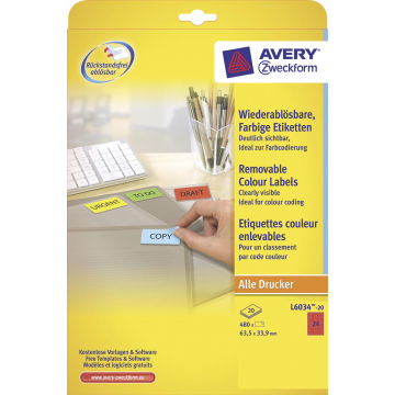 Avery afneembare gekleurde etiketten ft 63,5 x 33,9 mm (b x h), 480 stuks, 24 per blad, rood