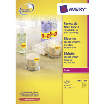 Avery Afneembare neon etiketten ft 38,1 x 21,2 mm (b x h), doos van 100 blad, 6.500 stuks, geel