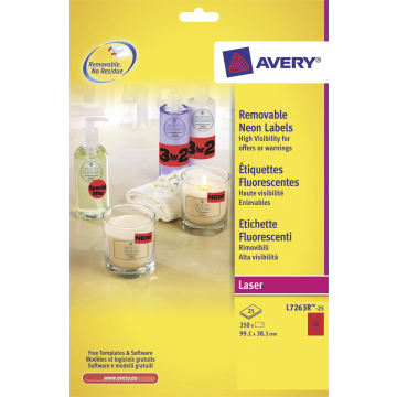 Avery Afneembare neon etiketten ft 99,1 x 38,1 mm (b x h), doos van 25 blad, 350 stuks, neonrood