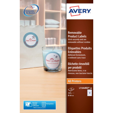 Avery Afneembare productetiketten diameter: 60 mm, rond, 240 stuks, 12 per blad, doos van 20 blad