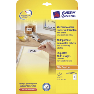 Avery afneembare witte etiketten Stick & Lift ft 63,5 x 38,1 mm (b x h), 525 stuks, 21 per blad