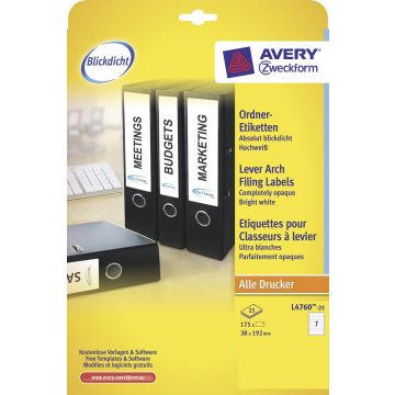 AVERY Printbare rugetiketten Block Out ft 19,2 x 3,8 cm, doos van 25 blad, 175 stuks, wit