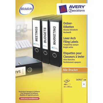 AVERY Printbare rugetiketten Block Out ft 19,2 x 6,1 cm, doos van 100 blad, 400 stuks, kleur: wit