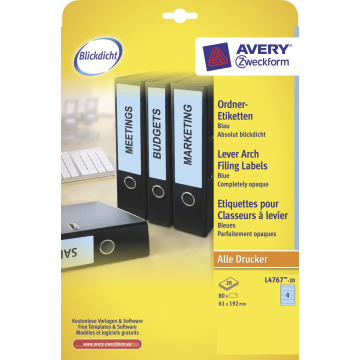 AVERY Printbare rugetiketten Block Out ft 19,2 x 6,1 cm, doos van 20 blad, 80 stuks, blauw