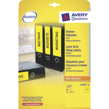 AVERY Printbare rugetiketten Block Out ft 19,2 x 6,1 cm, doos van 20 blad, 80 stuks, geel