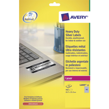 Avery ultra-sterke zilverkleurige etiketten ft 45,7 x 21,2 mm (b x h), 960 stuks, 48 per blad