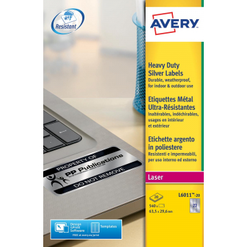 Avery ultra-sterke zilverkleurige etiketten ft 63,5 x 29,6 mm (b x h), 540 stuks, 27 per blad