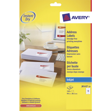 Avery Witte etiketten QuickDry doos van 10 blad, ft 99,1 x 38,1 mm (b x h), 140 stuks, 14 per blad Me...