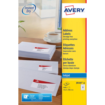 Avery Witte etiketten QuickDry doos van 40 blad, ft 63,5 x 38,1 mm (b x h), 840 stuks, 21 per blad Me...
