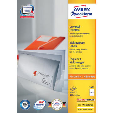 Avery witte etiketten QuickPeel Ft 105 x 148 mm (b x h), 400 stuks, 4 per blad, doos van 100 blad