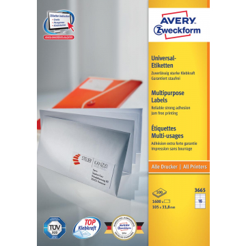 Avery witte etiketten QuickPeel ft 105 x 33,8 cm (b x h), 1.600 stuks, 16 per blad, doos van 100 s...