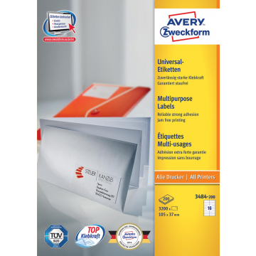 Avery witte etiketten QuickPeel ft 105 x 37 mm (b x h), 3.200 stuks, 16 per blad, doos van 200 blad