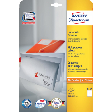 Avery witte etiketten QuickPeel ft 210 x 297 mm (b x h), 25 stuks, 1 per blad, doos van 25 blad