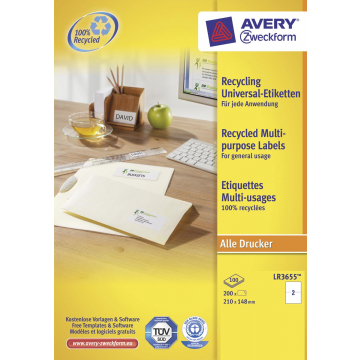 Avery Witte gerecycleerde universele etiketten Ft 210 x 148 mm (b x h), 200 stuks, 2 per blad