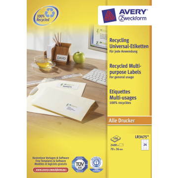 Avery witte gerecycleerde universele etiketten ft 70 x 36 mm (b x h), 2.400 stuks, 24 per blad