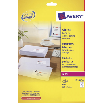Avery Witte laseretiketten QuickPeel doos van 40 blad, ft 63,5 x 38,1 mm (b x h), 840 stuks, 21 per blad