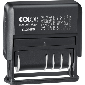 Colop tekststempel Mini-Info Dater S 120/WD, met datum en 12 verschillende woorden, frans