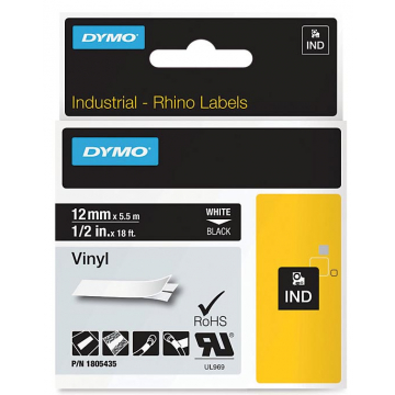 Dymo RHINO vinyltape 12 mm, wit op zwart