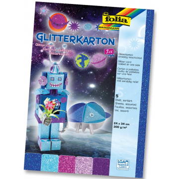 Folia Glitterkarton Ice (donkerblauw, turkoois, fuchsia, oudroze en paars)