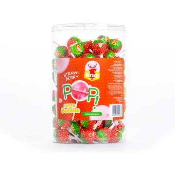 Hirsch Super Bubble Lolly Strawberry, 100 stuks, pot van 1,7 kg