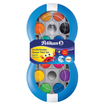 Pelikan plakkaatverf, blauwe doos met 12 napjes in geassorteerde kleuren