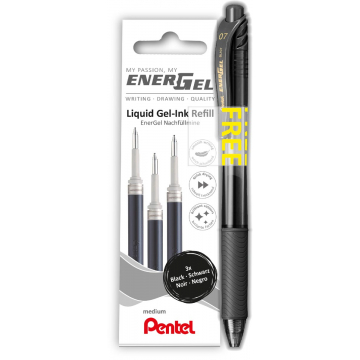 Pentel vulling Energel, 0,7 mm, zwart, 3 stuks + roller (GRATIS)