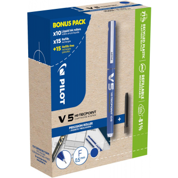 Pilot Hi-Tecpoint V5, 10 rollers + 30 vullingen, fijn, zwart