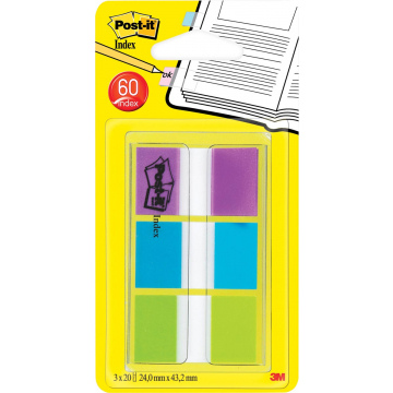 Post-it Index standaard, ft 25,4 x 43,2 mm, blister met 3 kleuren, 20 tabs per kleur