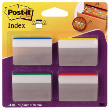 Post-it Index Strong, ft 50,8 x 38 mm, voor hangmappen, set van 24 tabs, 4 kleuren, 6 tabs per kleur