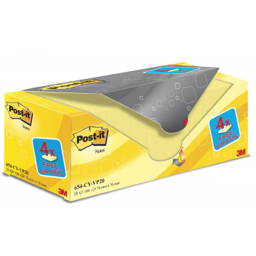 Post-it Notes, ft 76 x 76 mm, geel, 100 vel, pak van 16 + 4 gratis