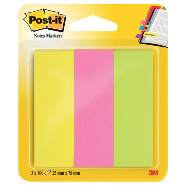 Post-it notes markeerstroken, ft 25 x 76 mm, neon geassorteerde kleuren, blister met 3 x 100 vel