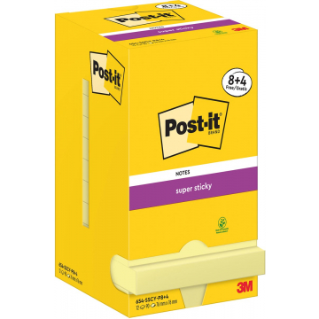 Post-It Super Sticky Notes, 90 vel, ft 76 x 76 mm, geel, 8 + 4 GRATIS