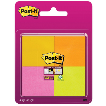Post-It Super Sticky notes, ft 47,6 x 47,6 mm, 45 vel, blister van 4 blokken in geassorteerde kleuren