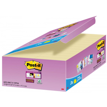 Post-it Super Sticky notes, ft 47,6 x 47,6 mm, geel, 90 vel, pak van 18 + 6 gratis