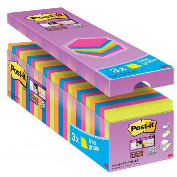 Post-it Super Sticky Notes, ft 76 x 76 mm, geassorteerde kleuren, pak van 21 + 3 gratis