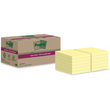 Post-it Super Sticky Notes Recycled, 70 vel, ft 47,6 x 47,6 mm, geel, pak van 12 blokken