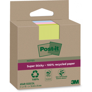 Post-it Super Sticky Notes Recycled, 70 vel, ft 76 x 76 mm, assorti, pak van 3 blokken