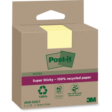 Post-it Super Sticky Notes Recycled, 70 vel, ft 76 x 76 mm, geel, pak van 3 blokken
