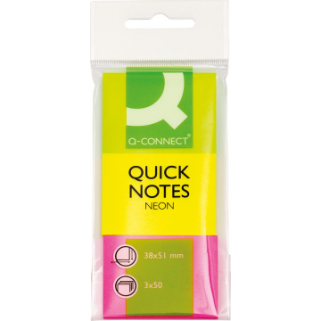 Q-CONNECT Quick Notes, ft 38 x 51 mm, 50 vel, etui van 3 blokken in neonkleuren