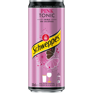 Schweppes Pink Tonic frisdrank, sleek blik van 33 cl, pak van 24 stuks