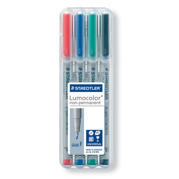 Staedtler OHP-marker Lumocolor Non-Permanent geassorteerde kleuren, box met 4 stuks, fijn 0,6 mm