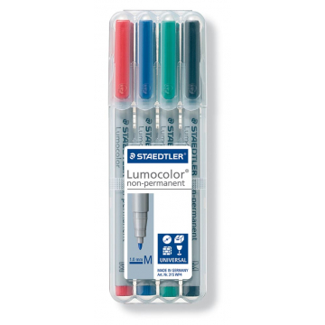 Staedtler OHP-marker Lumocolor Non-Permanent geassorteerde kleuren, box met 4 stuks, medium 1 mm
